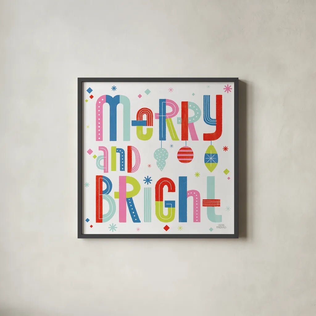 Retro Holiday IV Bright by Laura Marshall. Shown in a sleek black glass frame for a contemporary gallery look. Available as an archival giclee rolled canvas, fine art paper, or poster print. SKU 65284a.