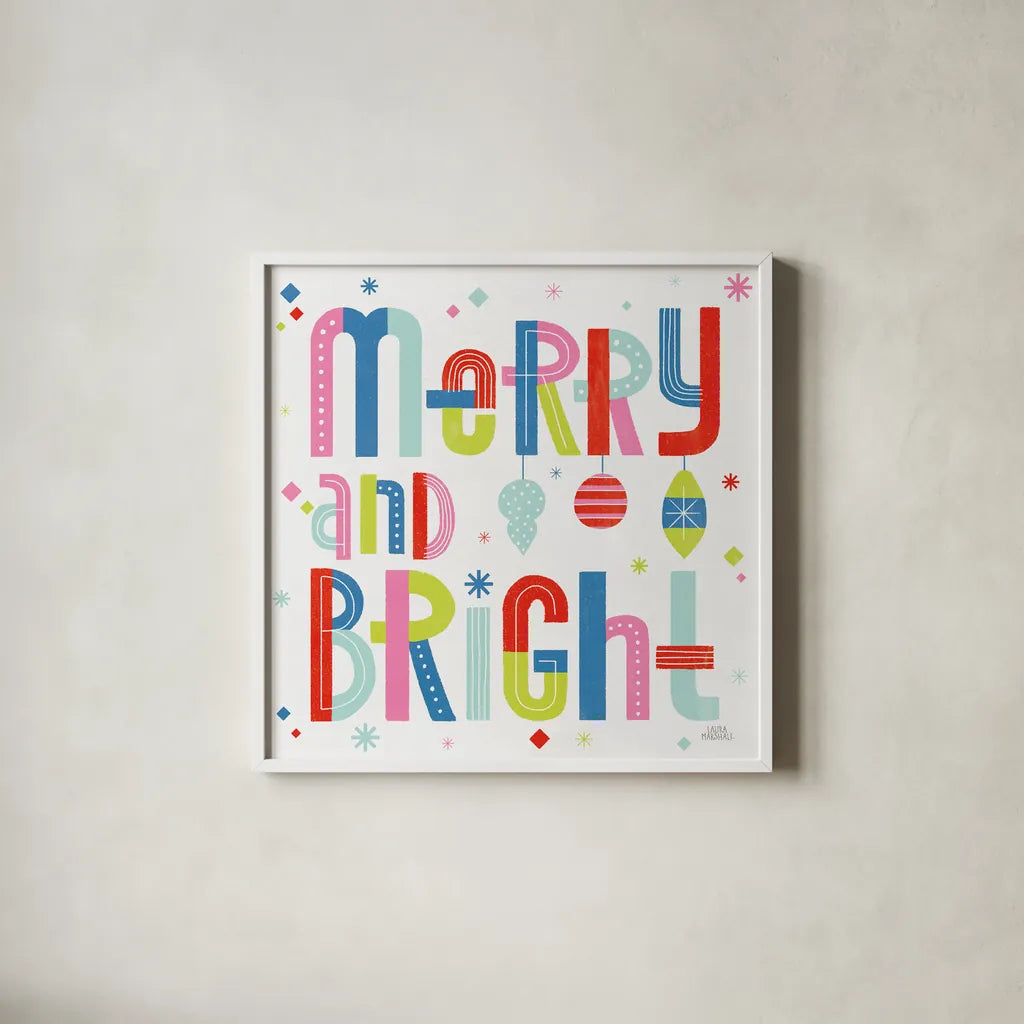 Retro Holiday IV Bright by Laura Marshall. Shown in a crisp white glass frame for a clean and minimalist style. Available as an archival giclee rolled canvas, fine art paper, or poster print. SKU 65284a.