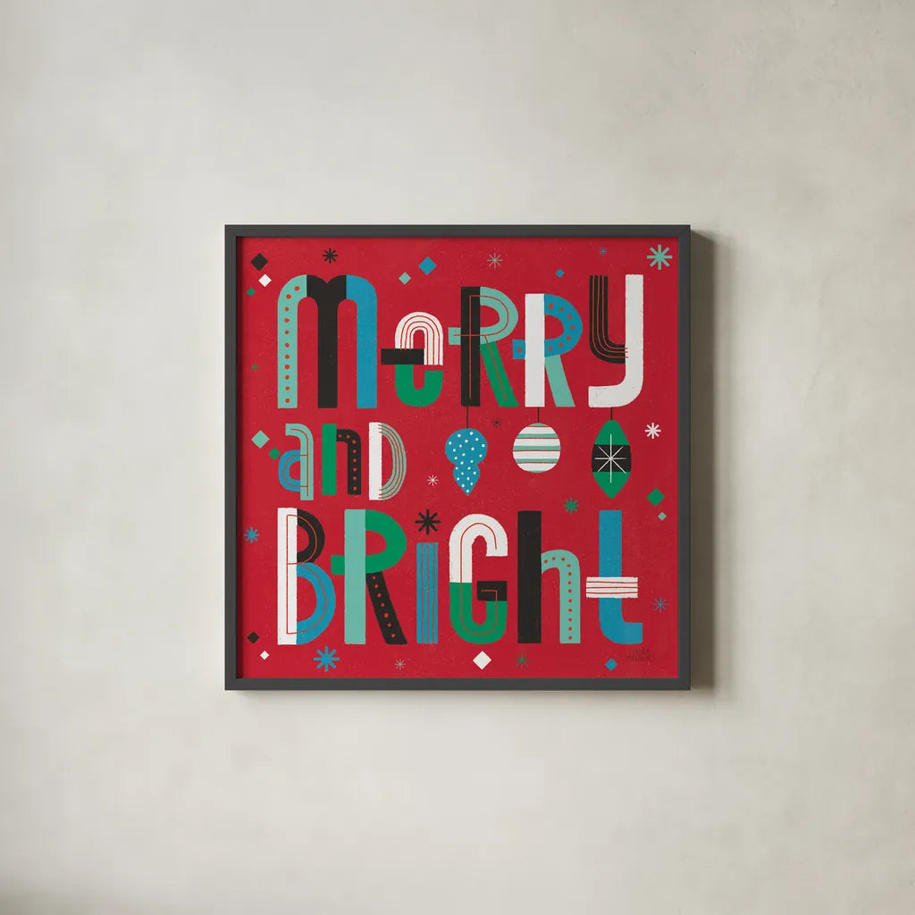 Retro Holiday IV Bright by Laura Marshall. Shown in a sleek black glass frame for a contemporary gallery look. Available as an archival giclee rolled canvas, fine art paper, or poster print. SKU 67514a.
