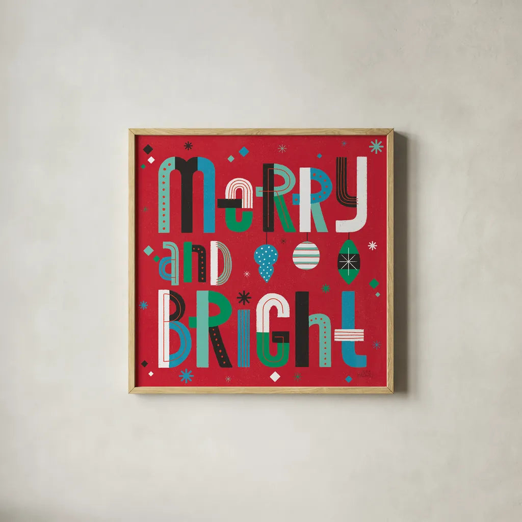 Retro Holiday IV Bright by Laura Marshall. Shown in a natural wood glass frame for a timeless modern aesthetic. Available as an archival giclee rolled canvas, fine art paper, or poster print. SKU 67514a.