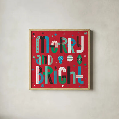 Retro Holiday IV Bright by Laura Marshall. Shown in a natural wood glass frame for a timeless modern aesthetic. Available as an archival giclee rolled canvas, fine art paper, or poster print. SKU 67514a.