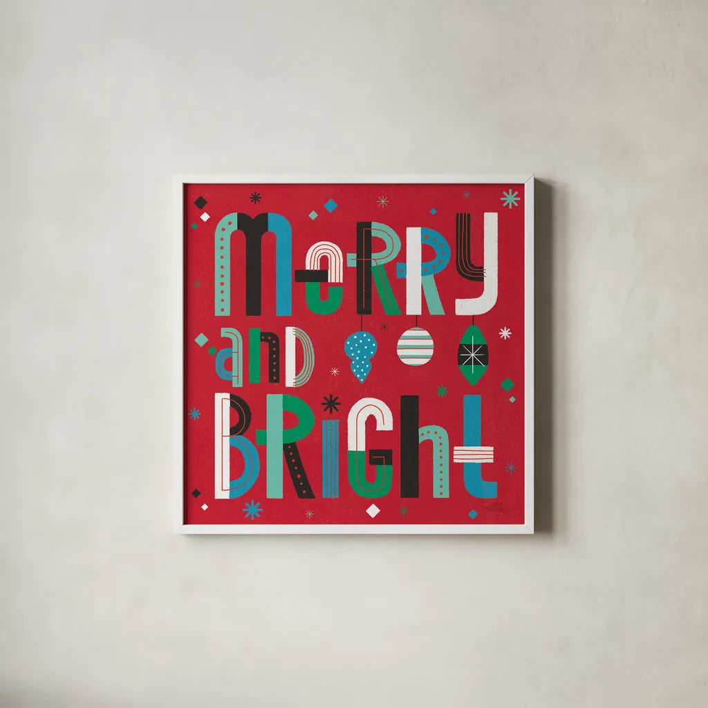 Retro Holiday IV Bright by Laura Marshall. Shown in a crisp white glass frame for a clean and minimalist style. Available as an archival giclee rolled canvas, fine art paper, or poster print. SKU 67514a.