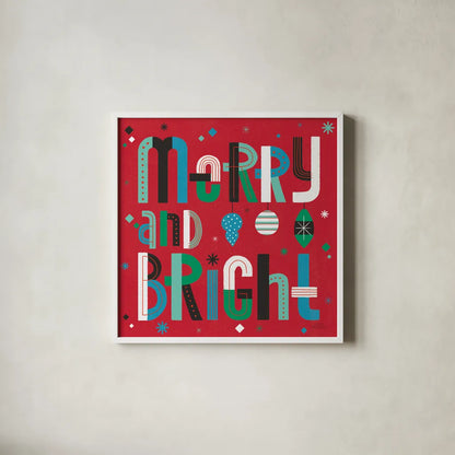 Retro Holiday IV Bright by Laura Marshall. Shown in a crisp white glass frame for a clean and minimalist style. Available as an archival giclee rolled canvas, fine art paper, or poster print. SKU 67514a.