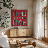 Retro Holiday IV Bright by Laura Marshall. Shown in a natural wood frame in a cozy modern living room. Available as an archival giclee rolled canvas, fine art paper, or poster print. SKU 67514a.