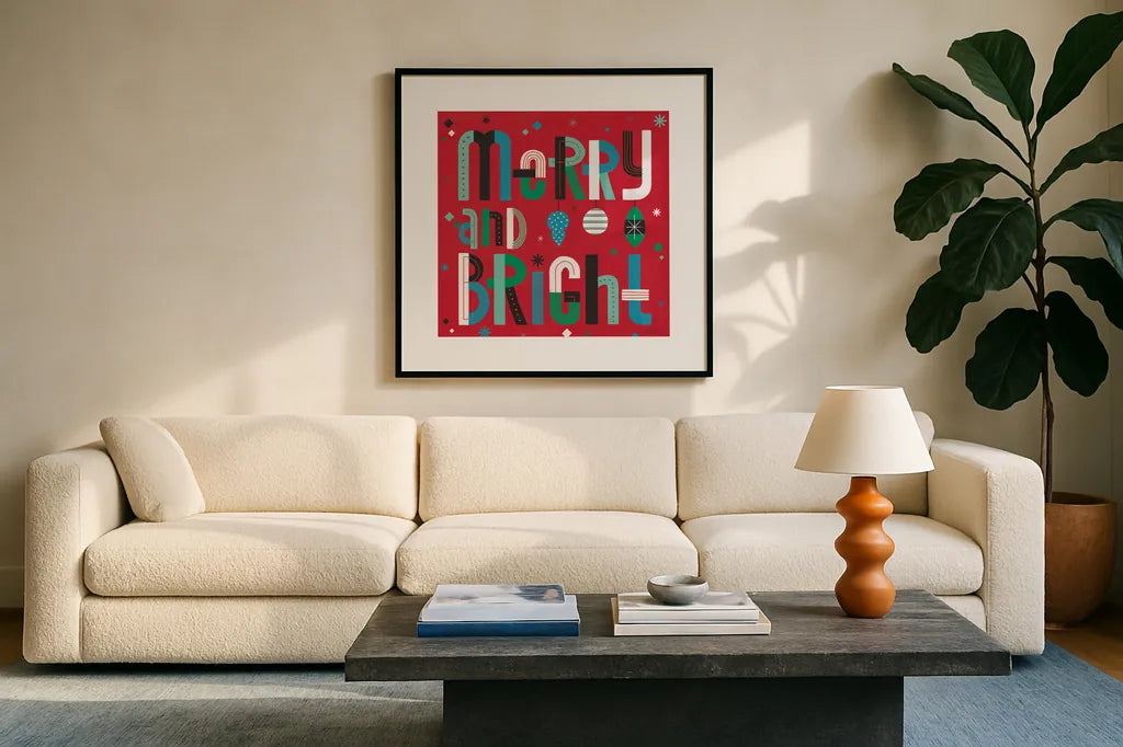 Retro Holiday IV Bright by Laura Marshall. Displayed in a glass frame with matte in a clean modern living room. Available as an archival giclee rolled canvas, fine art paper, or poster print. SKU 67514a.