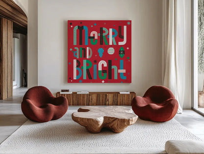 Retro Holiday IV Bright by Laura Marshall. Shown as extra-large giant wall art in a modern living room. Available as an archival giclee rolled canvas, fine art paper, or poster print. SKU 67514a.