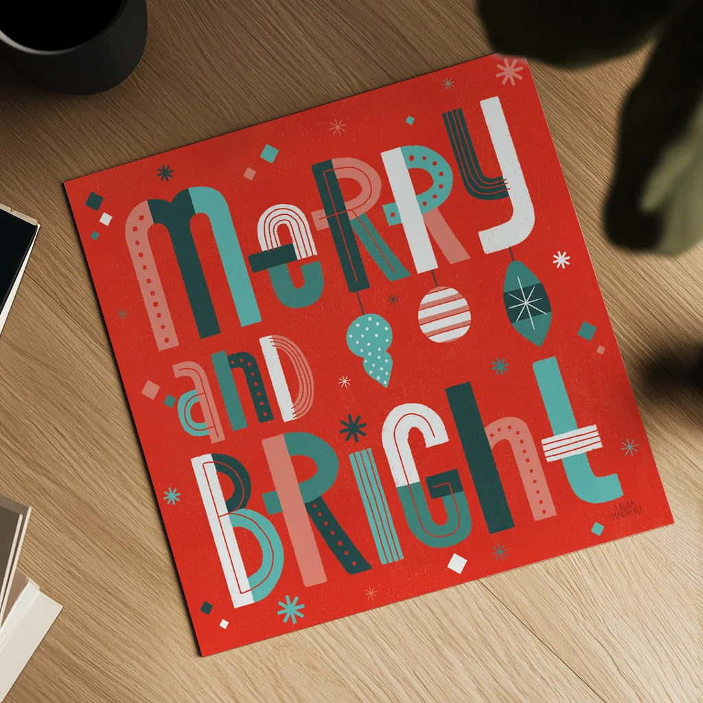 Retro Holiday IV Red by Laura Marshall. Shown as a detailed flat fine art print, highlighting archival giclee quality. Available as an archival giclee rolled canvas, fine art paper, or poster print. SKU 65874a.