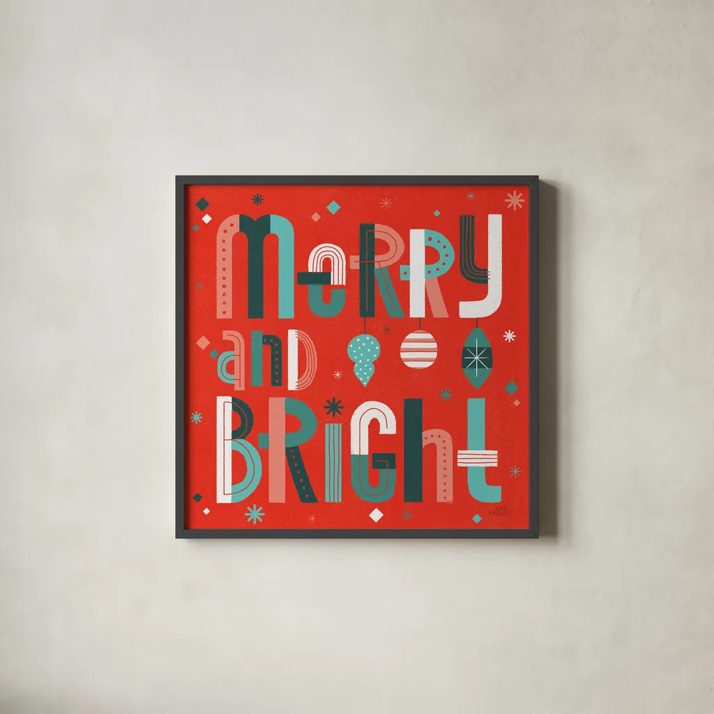 Retro Holiday IV Red by Laura Marshall. Shown in a sleek black glass frame for a contemporary gallery look. Available as an archival giclee rolled canvas, fine art paper, or poster print. SKU 65874a.