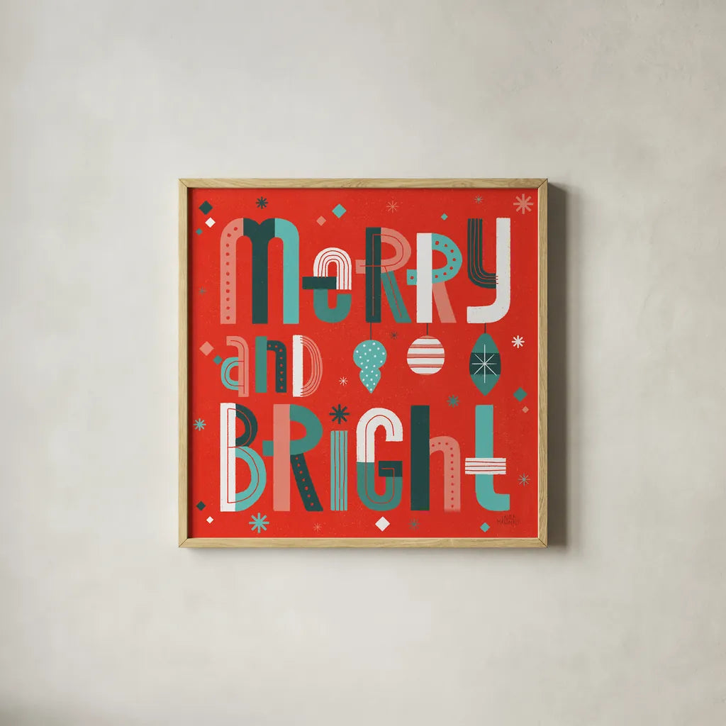 Retro Holiday IV Red by Laura Marshall. Shown in a natural wood glass frame for a timeless modern aesthetic. Available as an archival giclee rolled canvas, fine art paper, or poster print. SKU 65874a.