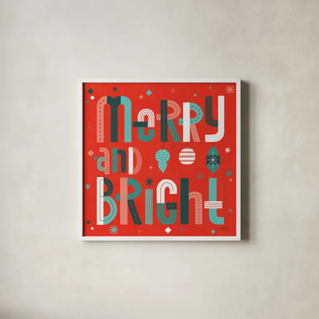 Retro Holiday IV Red by Laura Marshall. Shown in a crisp white glass frame for a clean and minimalist style. Available as an archival giclee rolled canvas, fine art paper, or poster print. SKU 65874a.