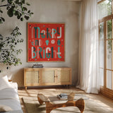 Retro Holiday IV Red by Laura Marshall. Shown in a natural wood frame in a cozy modern living room. Available as an archival giclee rolled canvas, fine art paper, or poster print. SKU 65874a.