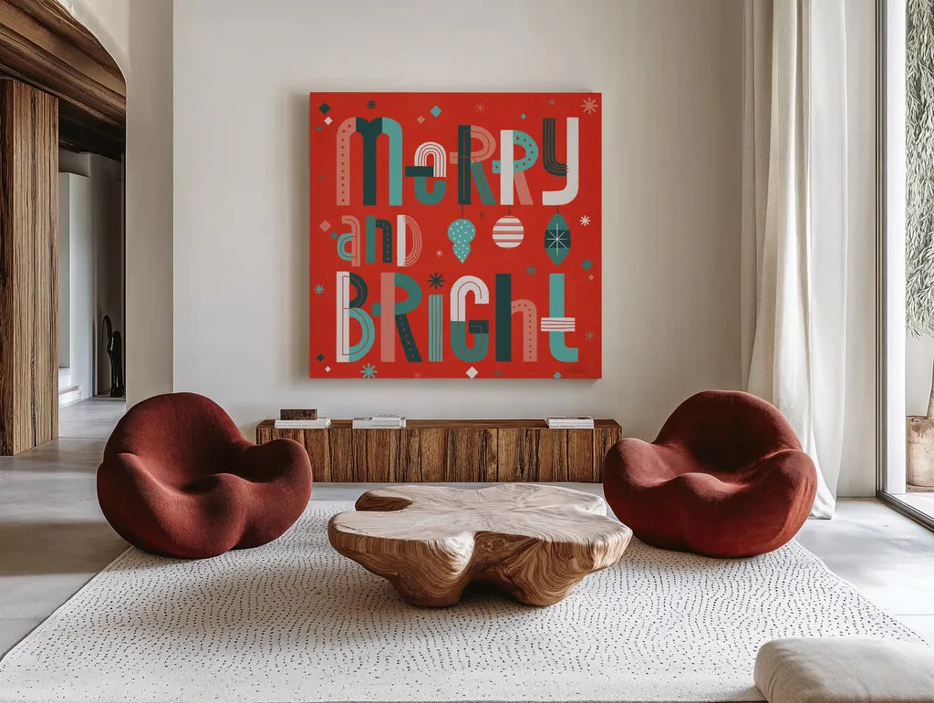 Retro Holiday IV Red by Laura Marshall. Shown as extra-large giant wall art in a modern living room. Available as an archival giclee rolled canvas, fine art paper, or poster print. SKU 65874a.