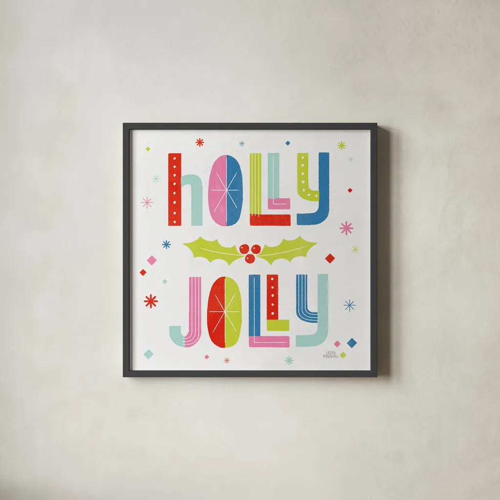 Retro Holiday V Bright by Laura Marshall. Shown in a sleek black glass frame for a contemporary gallery look. Available as an archival giclee rolled canvas, fine art paper, or poster print. SKU 65285a.
