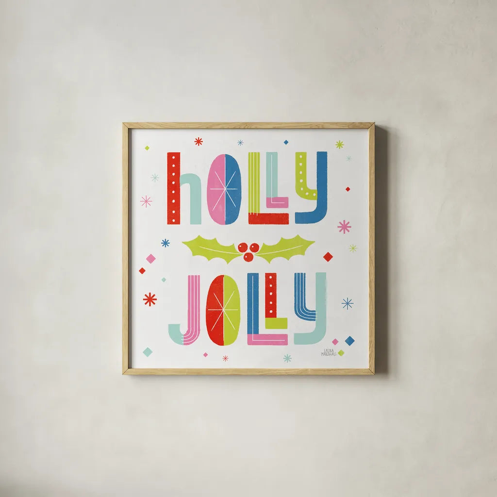 Retro Holiday V Bright by Laura Marshall. Shown in a natural wood glass frame for a timeless modern aesthetic. Available as an archival giclee rolled canvas, fine art paper, or poster print. SKU 65285a.