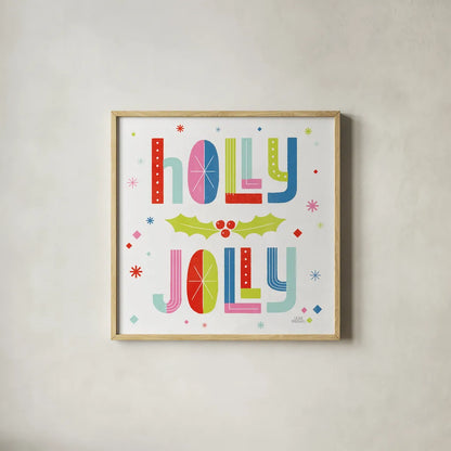 Retro Holiday V Bright by Laura Marshall. Shown in a natural wood glass frame for a timeless modern aesthetic. Available as an archival giclee rolled canvas, fine art paper, or poster print. SKU 65285a.