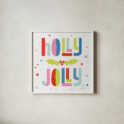 Retro Holiday V Bright by Laura Marshall. Shown in a crisp white glass frame for a clean and minimalist style. Available as an archival giclee rolled canvas, fine art paper, or poster print. SKU 65285a.