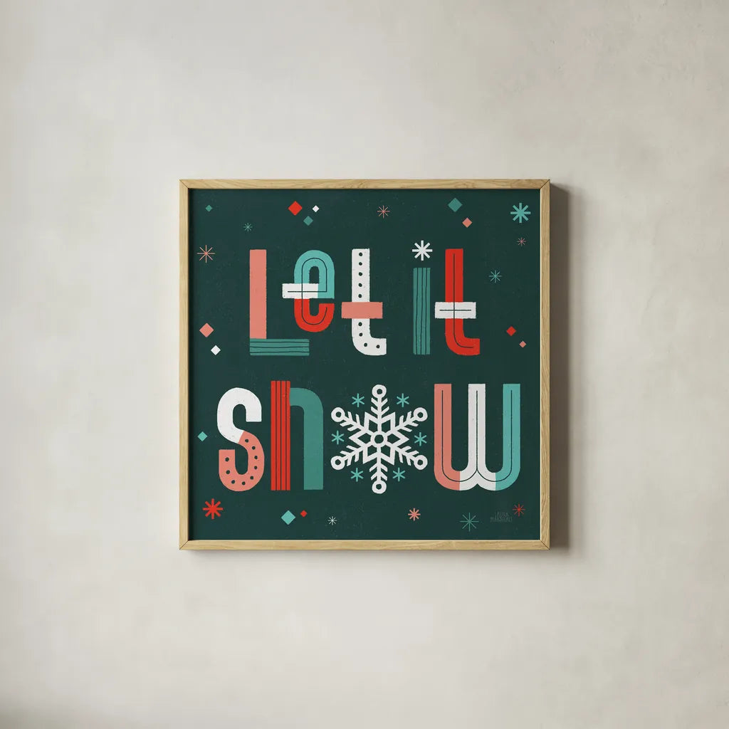 Retro Holiday VI by Laura Marshall. Shown in a natural wood glass frame for a timeless modern aesthetic. Available as an archival giclee rolled canvas, fine art paper, or poster print. SKU 60431a.