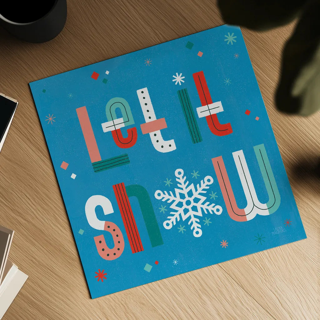 Retro Holiday VI Blue by Laura Marshall. Shown as a detailed flat fine art print, highlighting archival giclee quality. Available as an archival giclee rolled canvas, fine art paper, or poster print. SKU 65283a.
