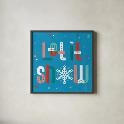 Retro Holiday VI Blue by Laura Marshall. Shown in a sleek black glass frame for a contemporary gallery look. Available as an archival giclee rolled canvas, fine art paper, or poster print. SKU 65283a.