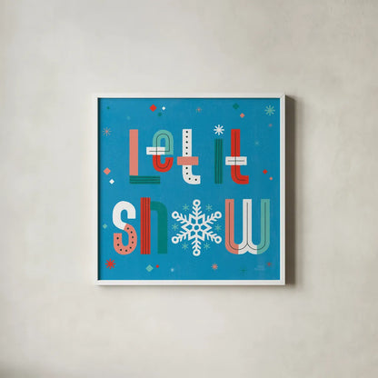 Retro Holiday VI Blue by Laura Marshall. Shown in a crisp white glass frame for a clean and minimalist style. Available as an archival giclee rolled canvas, fine art paper, or poster print. SKU 65283a.