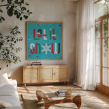 Retro Holiday VI Bright by Laura Marshall. Shown in a natural wood frame in a cozy modern living room. Available as an archival giclee rolled canvas, fine art paper, or poster print. SKU 67515a.