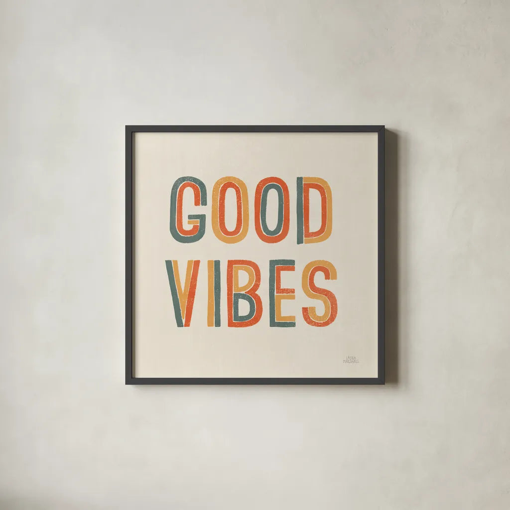 Retro Words I by Laura Marshall. Shown in a sleek black glass frame for a contemporary gallery look. Available as an archival giclee rolled canvas, fine art paper, or poster print. SKU 58577a.