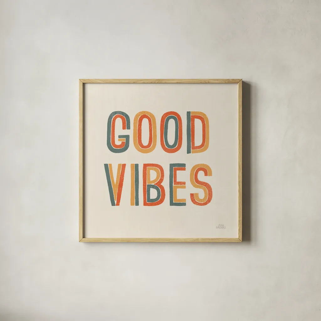 Retro Words I by Laura Marshall. Shown in a natural wood glass frame for a timeless modern aesthetic. Available as an archival giclee rolled canvas, fine art paper, or poster print. SKU 58577a.