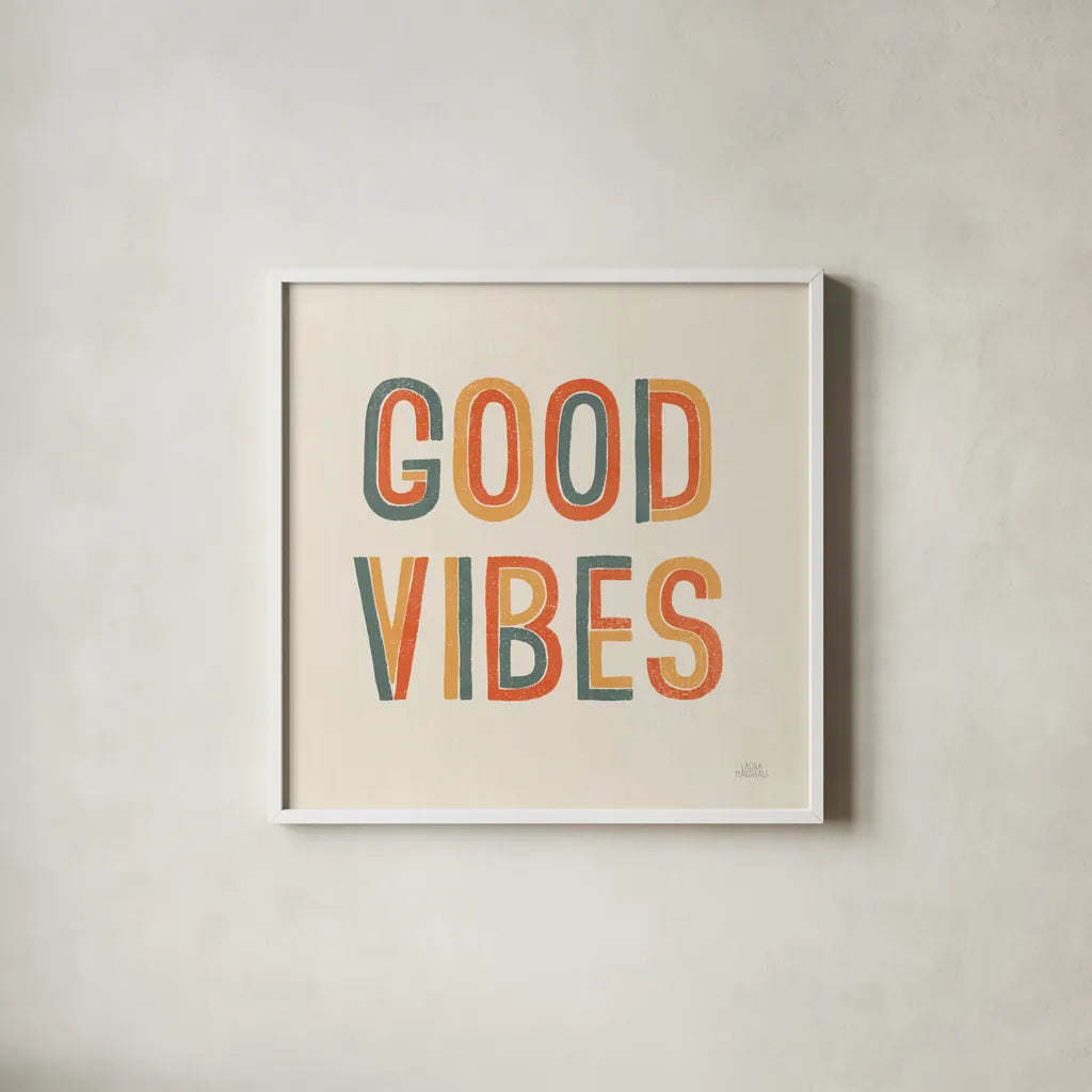 Retro Words I by Laura Marshall. Shown in a crisp white glass frame for a clean and minimalist style. Available as an archival giclee rolled canvas, fine art paper, or poster print. SKU 58577a.