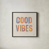Retro Words I Hippiecurian by Laura Marshall. Shown in a sleek black glass frame for a contemporary gallery look. Available as an archival giclee rolled canvas, fine art paper, or poster print. SKU 70950a.