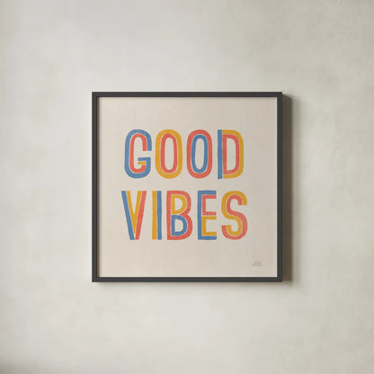 Retro Words I Hippiecurian by Laura Marshall. Shown in a sleek black glass frame for a contemporary gallery look. Available as an archival giclee rolled canvas, fine art paper, or poster print. SKU 70950a.