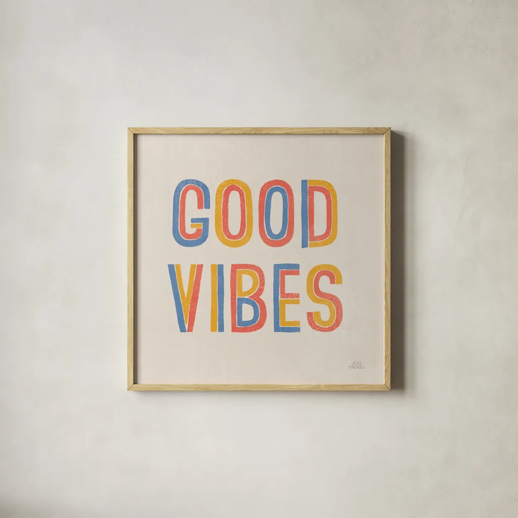 Retro Words I Hippiecurian by Laura Marshall. Shown in a natural wood glass frame for a timeless modern aesthetic. Available as an archival giclee rolled canvas, fine art paper, or poster print. SKU 70950a.