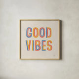 Retro Words I Hippiecurian by Laura Marshall. Shown in a natural wood glass frame for a timeless modern aesthetic. Available as an archival giclee rolled canvas, fine art paper, or poster print. SKU 70950a.