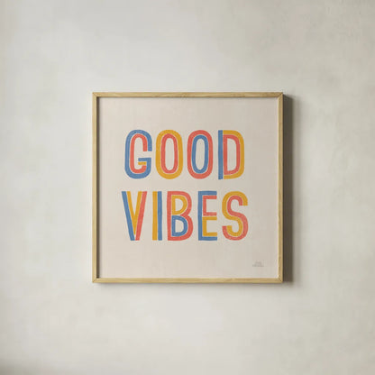 Retro Words I Hippiecurian by Laura Marshall. Shown in a natural wood glass frame for a timeless modern aesthetic. Available as an archival giclee rolled canvas, fine art paper, or poster print. SKU 70950a.