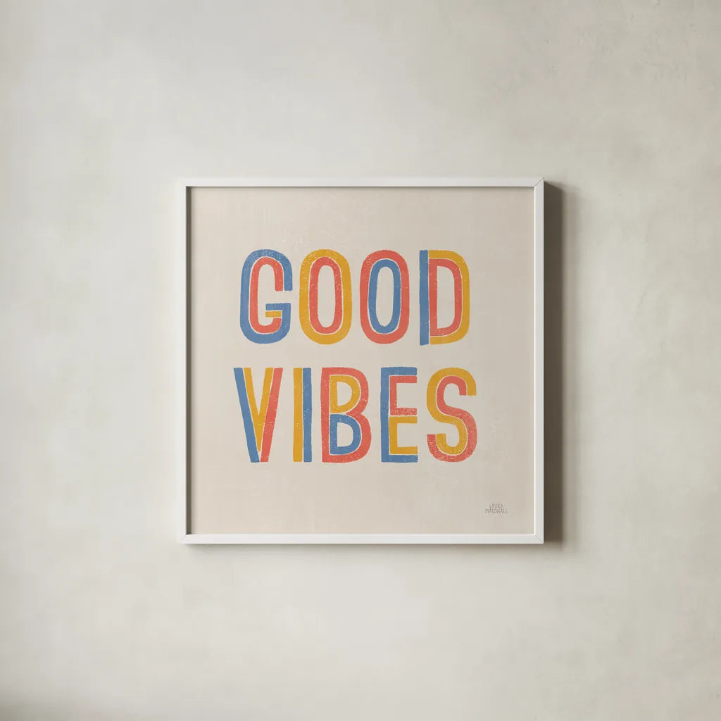 Retro Words I Hippiecurian by Laura Marshall. Shown in a crisp white glass frame for a clean and minimalist style. Available as an archival giclee rolled canvas, fine art paper, or poster print. SKU 70950a.