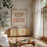 Retro Words II by Laura Marshall. Shown in a natural wood frame in a cozy modern living room. Available as an archival giclee rolled canvas, fine art paper, or poster print. SKU 58578a.