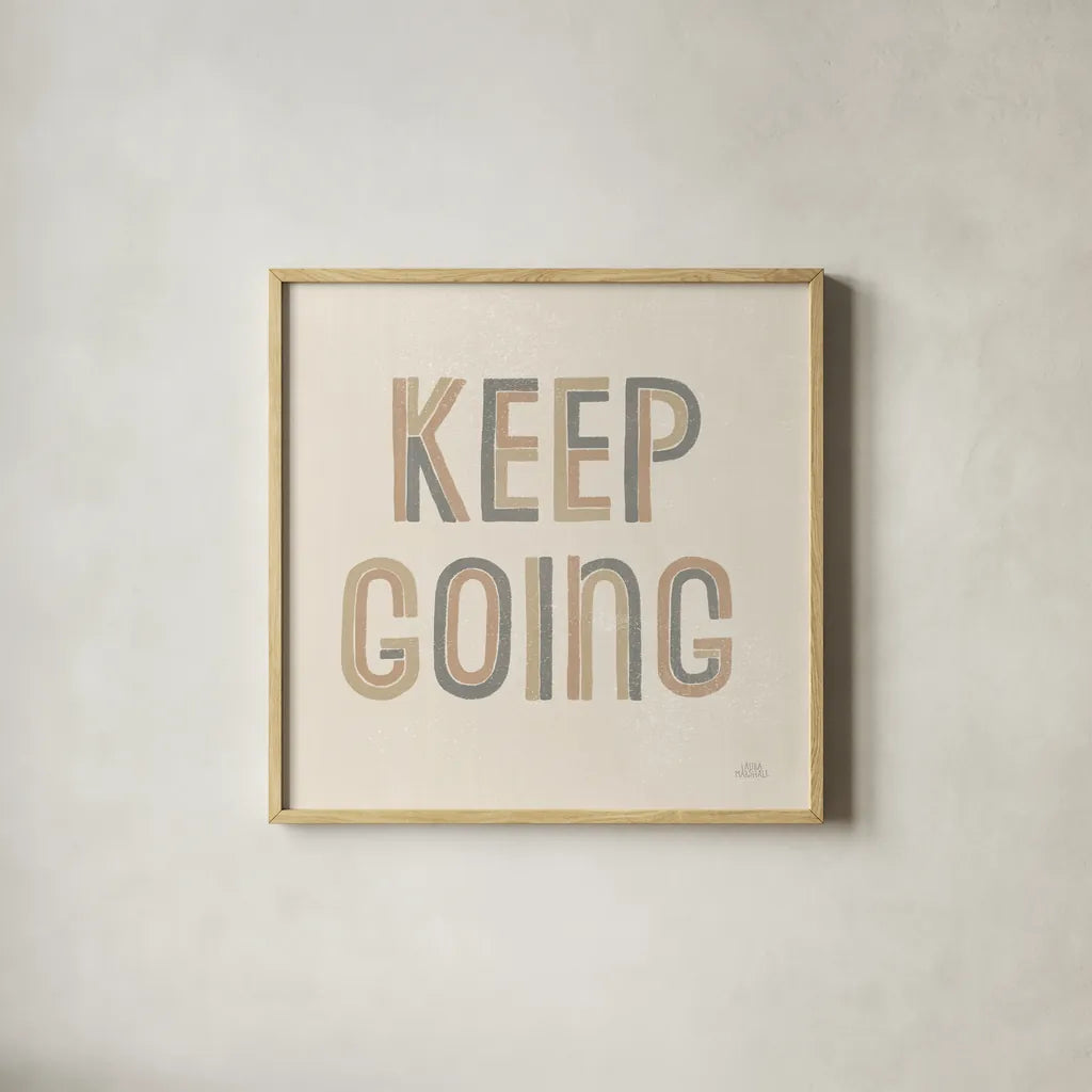 Retro Words II Neutral by Laura Marshall. Shown in a natural wood glass frame for a timeless modern aesthetic. Available as an archival giclee rolled canvas, fine art paper, or poster print. SKU 64664a.