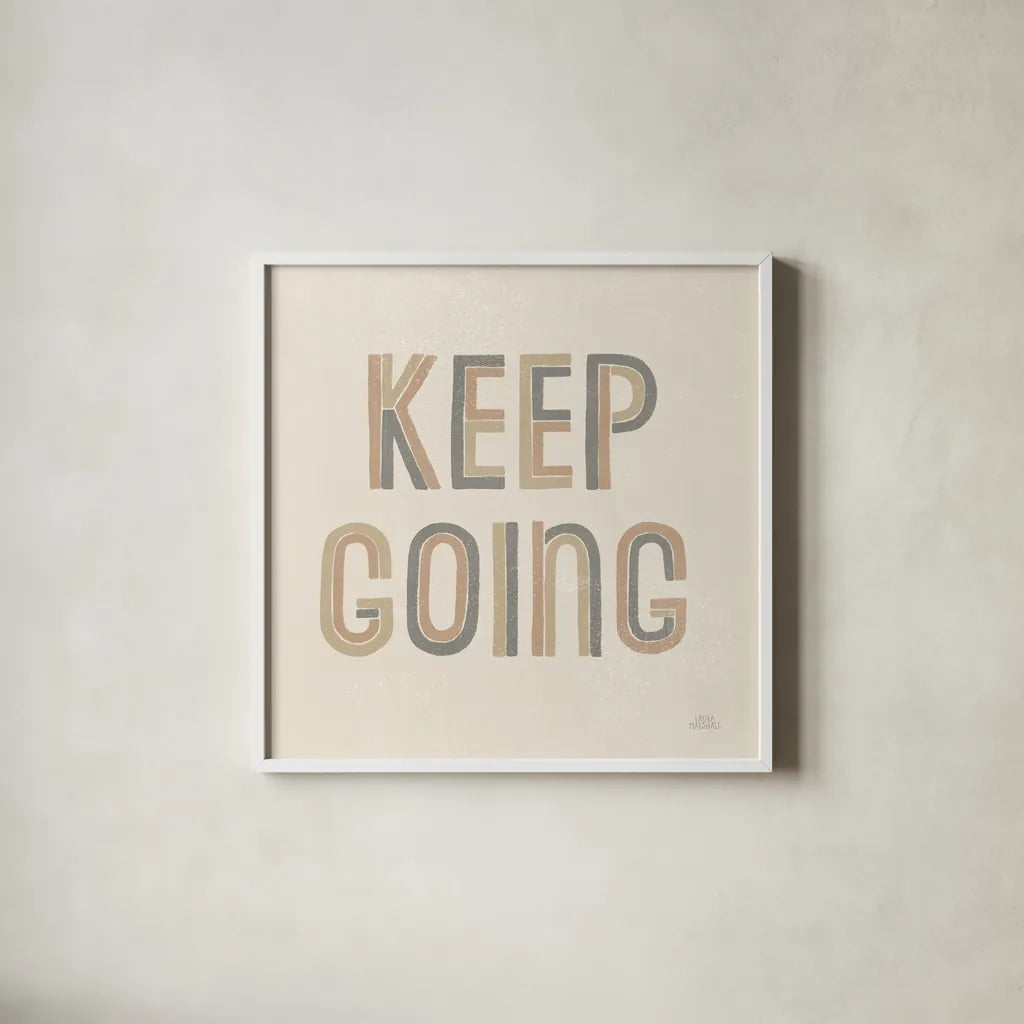 Retro Words II Neutral by Laura Marshall. Shown in a crisp white glass frame for a clean and minimalist style. Available as an archival giclee rolled canvas, fine art paper, or poster print. SKU 64664a.