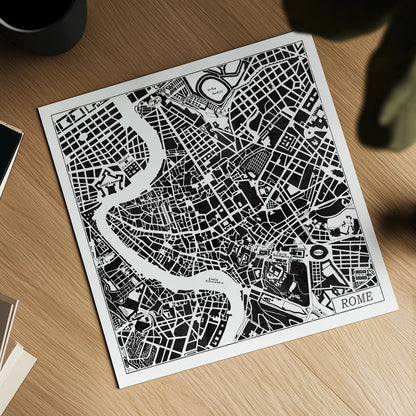 Rome Map Black by Laura Marshall. Shown as a detailed flat fine art print, highlighting archival giclee quality. Available as an archival giclee rolled canvas, fine art paper, or poster print. SKU 60393a.