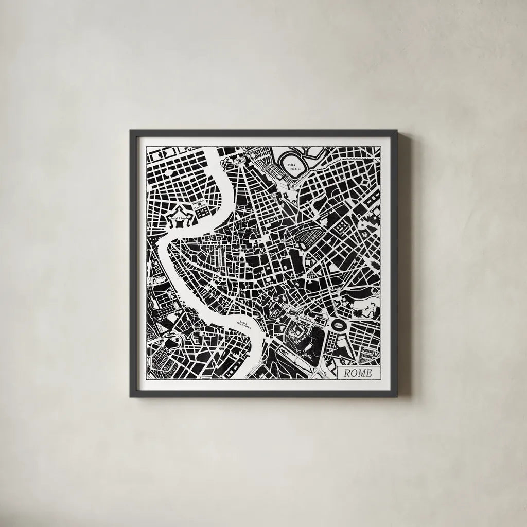Rome Map Black by Laura Marshall. Shown in a sleek black glass frame for a contemporary gallery look. Available as an archival giclee rolled canvas, fine art paper, or poster print. SKU 60393a.
