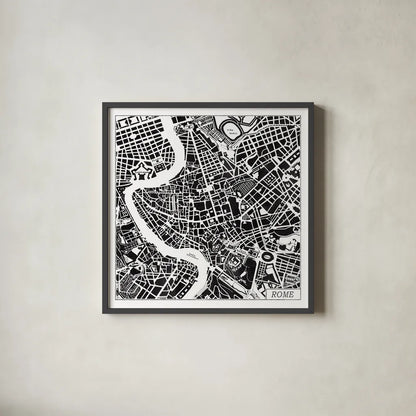 Rome Map Black by Laura Marshall. Shown in a sleek black glass frame for a contemporary gallery look. Available as an archival giclee rolled canvas, fine art paper, or poster print. SKU 60393a.