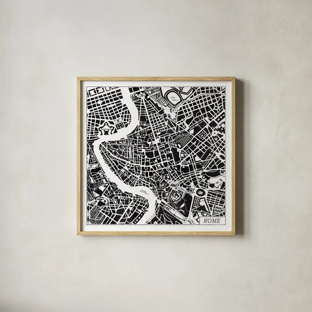Rome Map Black by Laura Marshall. Shown in a natural wood glass frame for a timeless modern aesthetic. Available as an archival giclee rolled canvas, fine art paper, or poster print. SKU 60393a.