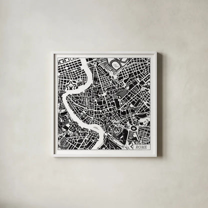 Rome Map Black by Laura Marshall. Shown in a crisp white glass frame for a clean and minimalist style. Available as an archival giclee rolled canvas, fine art paper, or poster print. SKU 60393a.