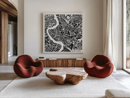 Rome Map Black by Laura Marshall. Shown as extra-large giant wall art in a modern living room. Available as an archival giclee rolled canvas, fine art paper, or poster print. SKU 60393a.