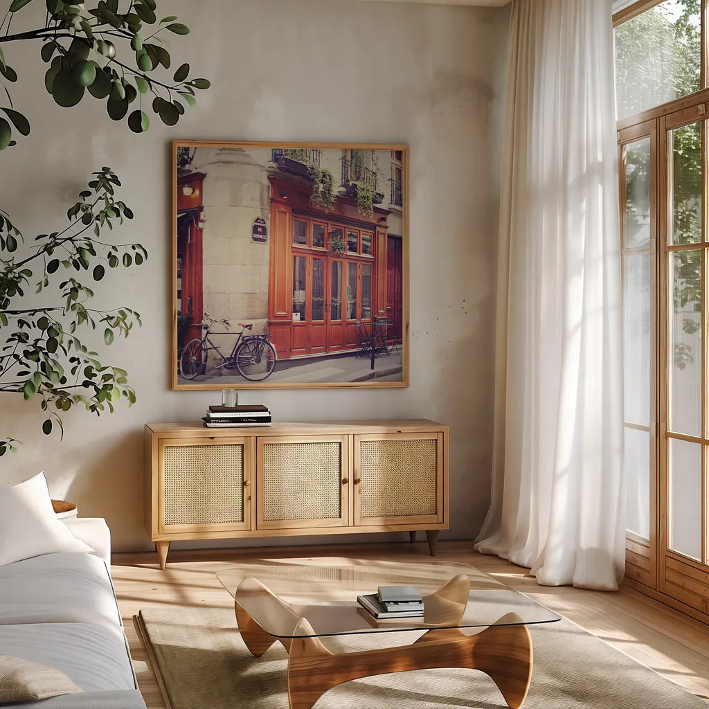 Rue Chanoinesse by Laura Marshall. Shown in a natural wood frame in a cozy modern living room. Available as an archival giclee rolled canvas, fine art paper, or poster print. SKU 21920a.