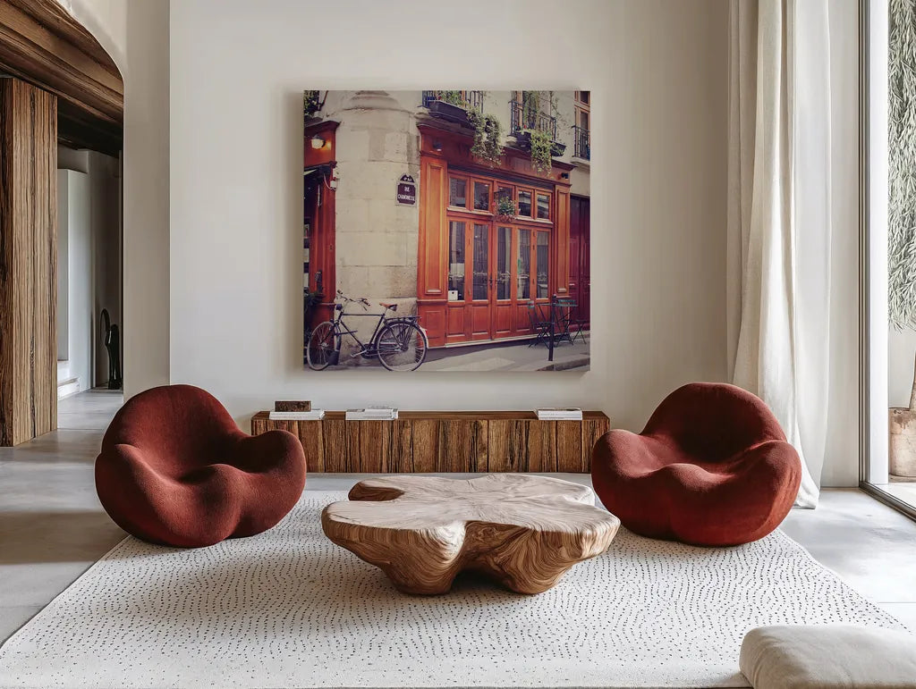 Rue Chanoinesse by Laura Marshall. Shown as extra-large giant wall art in a modern living room. Available as an archival giclee rolled canvas, fine art paper, or poster print. SKU 21920a.