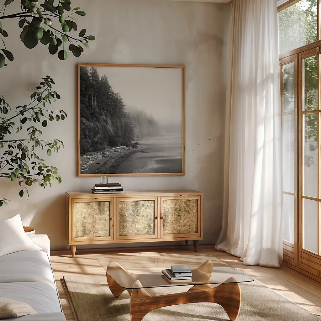 Salt Creek III by Laura Marshall. Shown in a natural wood frame in a cozy modern living room. Available as an archival giclee rolled canvas, fine art paper, or poster print. SKU 64404a.