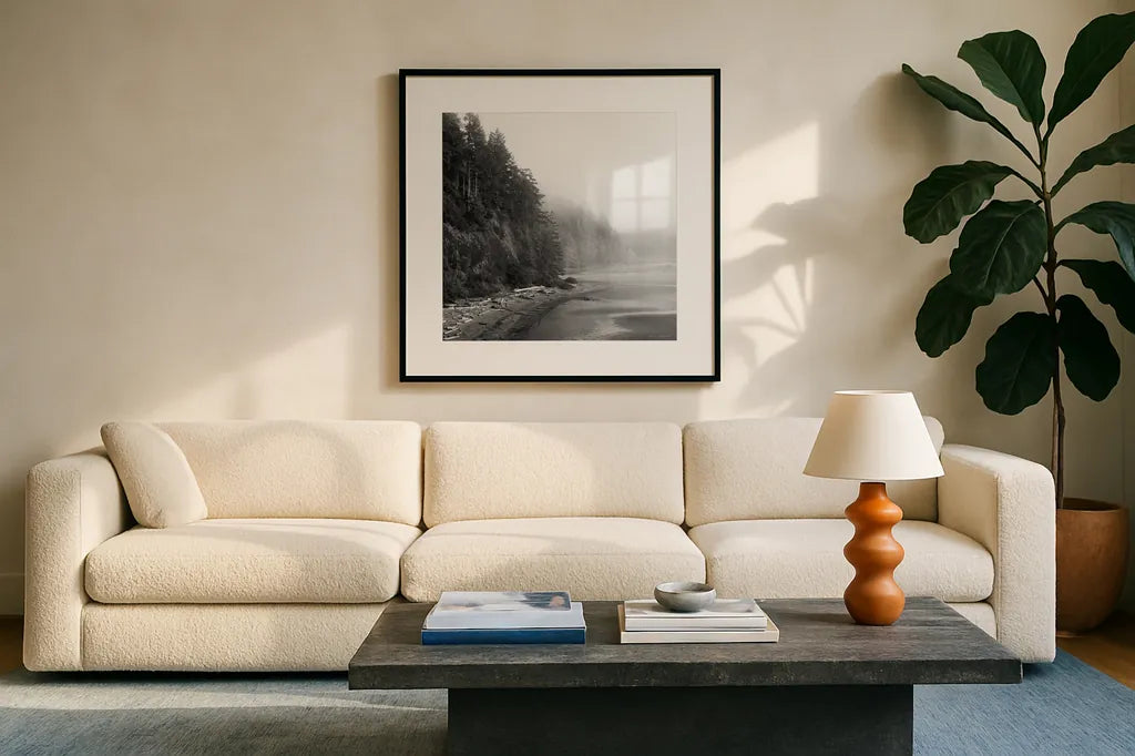 Salt Creek III by Laura Marshall. Displayed in a glass frame with matte in a clean modern living room. Available as an archival giclee rolled canvas, fine art paper, or poster print. SKU 64404a.