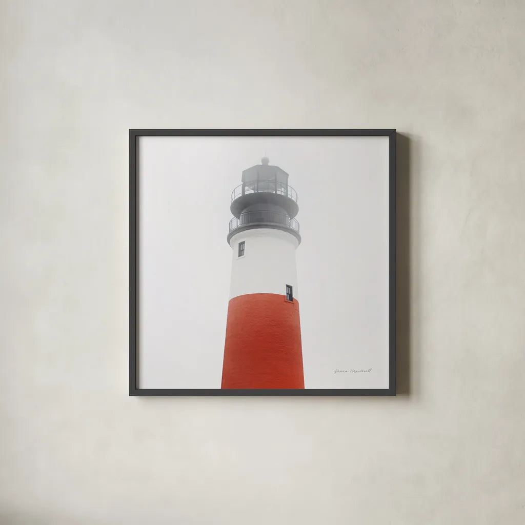 Sankaty Head Light by Laura Marshall. Shown in a sleek black glass frame for a contemporary gallery look. Available as an archival giclee rolled canvas, fine art paper, or poster print. SKU 38773a.