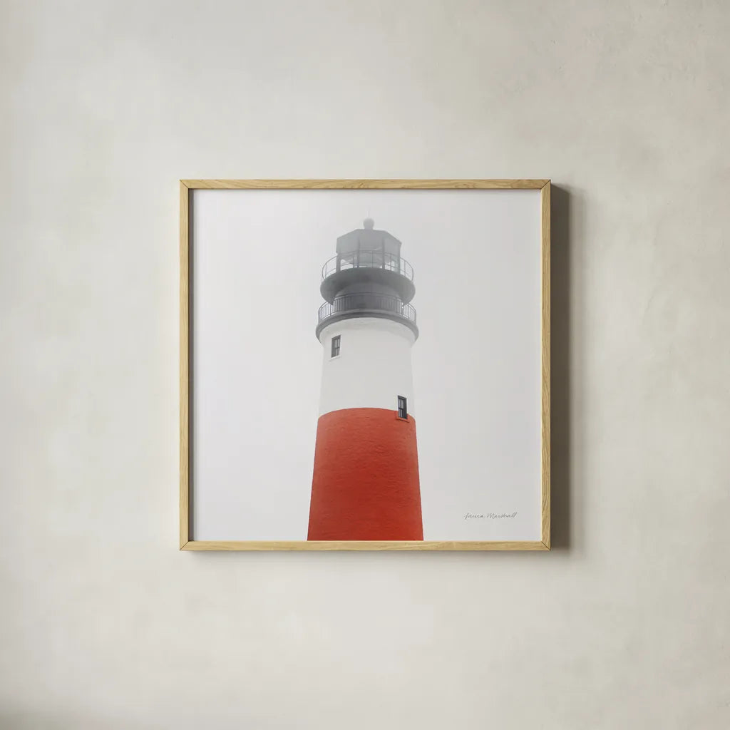 Sankaty Head Light by Laura Marshall. Shown in a natural wood glass frame for a timeless modern aesthetic. Available as an archival giclee rolled canvas, fine art paper, or poster print. SKU 38773a.