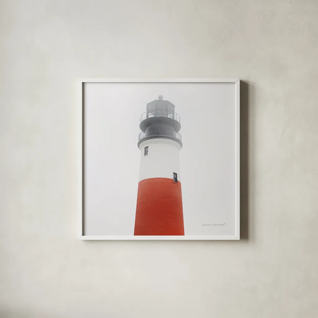 Sankaty Head Light by Laura Marshall. Shown in a crisp white glass frame for a clean and minimalist style. Available as an archival giclee rolled canvas, fine art paper, or poster print. SKU 38773a.